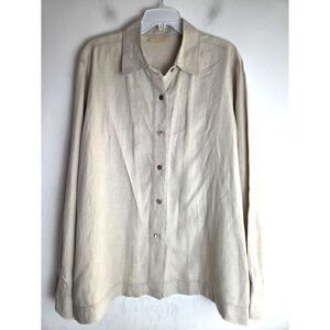 Kate Hill Beige 100% Linen Lagenlook Tunic Button Down Blouse size XL